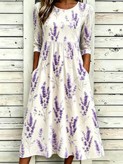 Off White Lavender Floral Crew Neck Half Sleeve A-Line Summer T-Shirt Dress