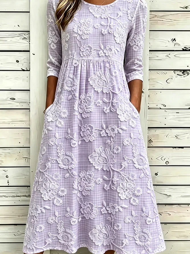 Lavender 3D Floral Embroidery Crew Neck Half Sleeve A-Line Summer T-Shirt Dress
