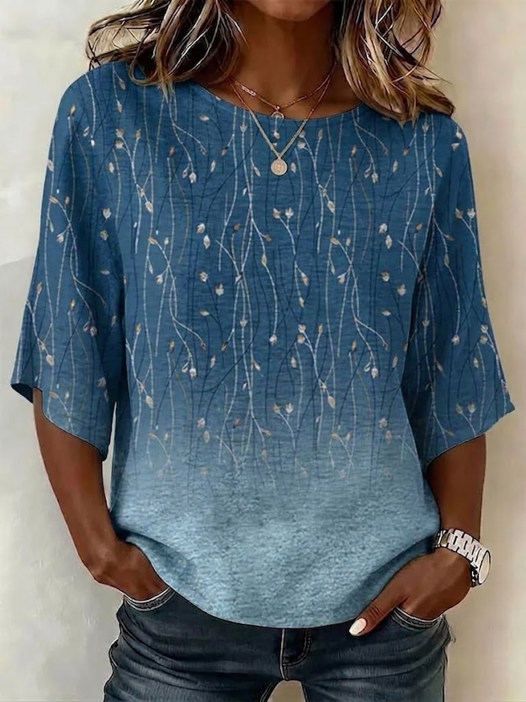 Blue Ombre Branch Print Crew Neck Half Sleeve Regular Fit Blouse For Women