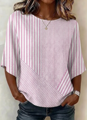 Pink Mixed Vertical Diagonal Striped Crew Neck Half Sleeve Regular Fit Blouse For Women
