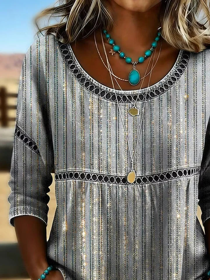 Grey Abstract Glitter Stripe Crew Neck Half Sleeve Loose Blouse For Women