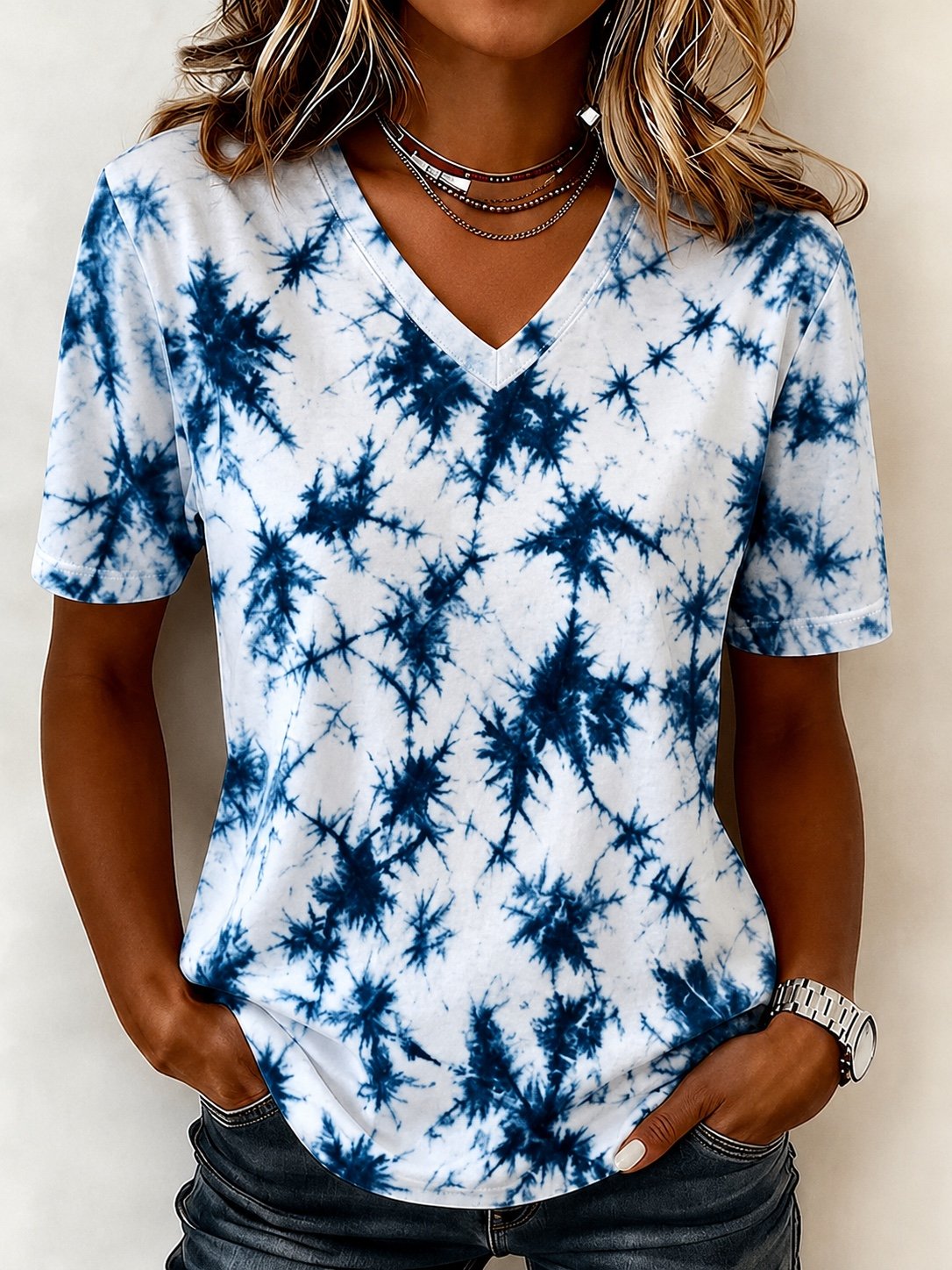 Vintage Blue Tie-Dye V Neck Short Sleeve Casual T-shirt