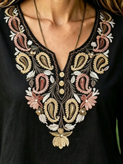 Black Paisley Floral Embroidery Crew Neck Long Sleeve Loose Blouse For Women