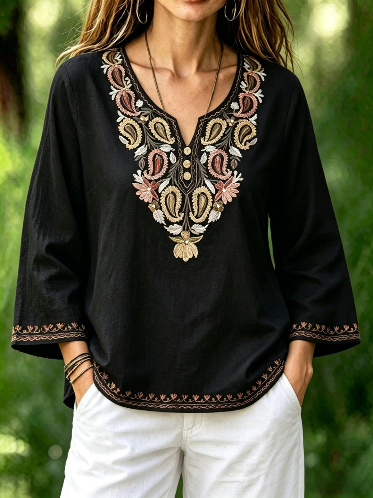 Black Paisley Floral Embroidery Crew Neck Long Sleeve Loose Blouse For Women