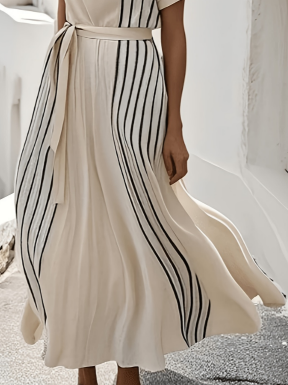Apricot Vertical Stripe Cowl Neck Short Sleeve A-Line Summer Midi Dress With Belt