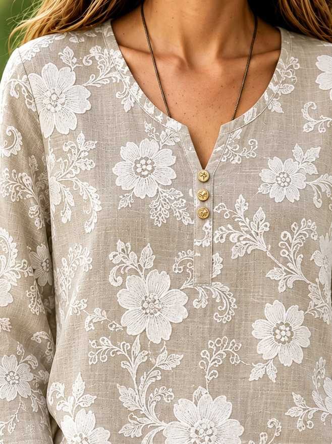 Khaki White Floral Print Crew Neck Long Sleeve Loose Blouse For Women