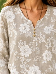 Khaki White Floral Print Crew Neck Long Sleeve Loose Blouse For Women