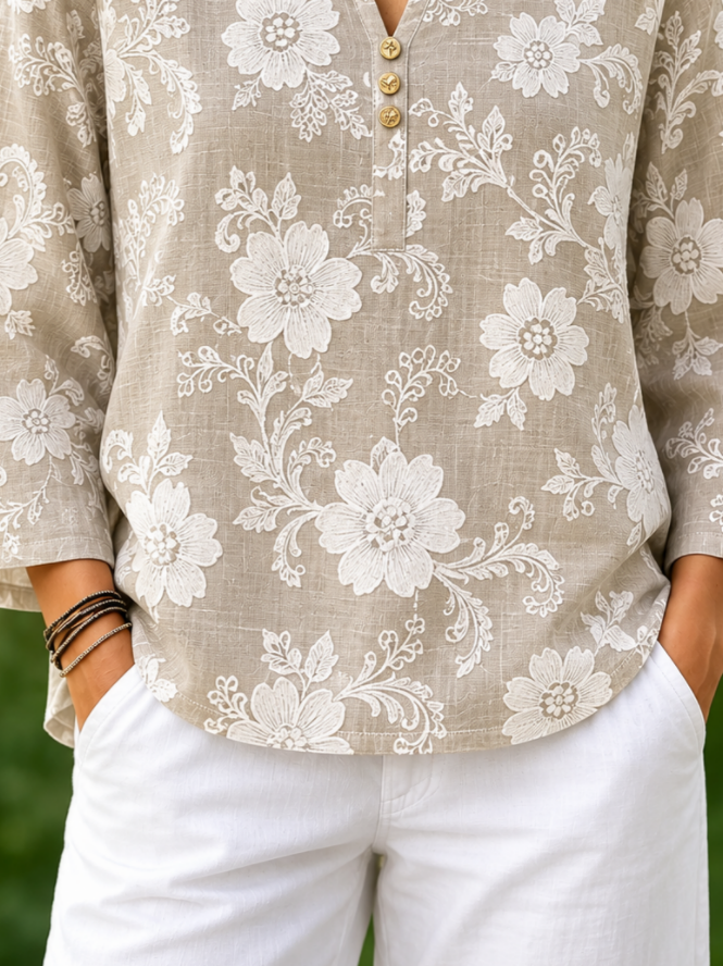 Khaki White Floral Print Crew Neck Long Sleeve Loose Blouse For Women