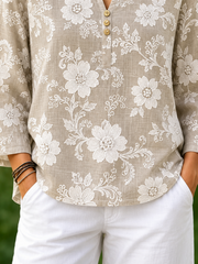 Khaki White Floral Print Crew Neck Long Sleeve Loose Blouse For Women