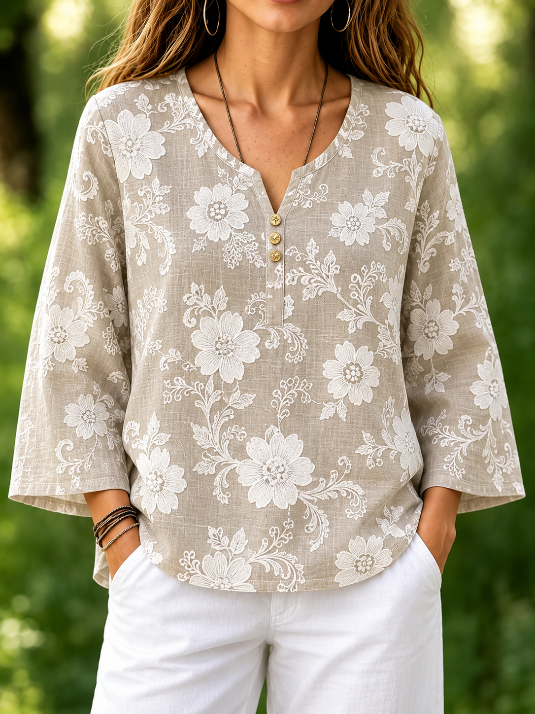 Khaki White Floral Print Crew Neck Long Sleeve Loose Blouse For Women
