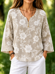 Khaki White Floral Print Crew Neck Long Sleeve Loose Blouse For Women