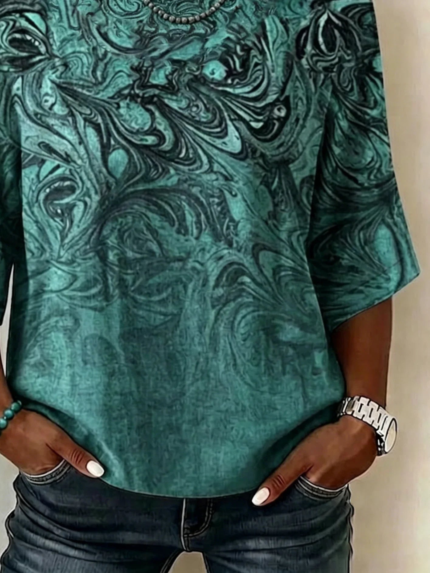 Green Marbled Swirl Abstract Print Crew Neck Half Sleeve Loose Blouse For Women