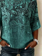 Green Marbled Swirl Abstract Print Crew Neck Half Sleeve Loose Blouse For Women