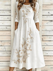 White Embroidery Floral Crew Neck three-quarter Sleeve A-Line Maxi Dress For Women