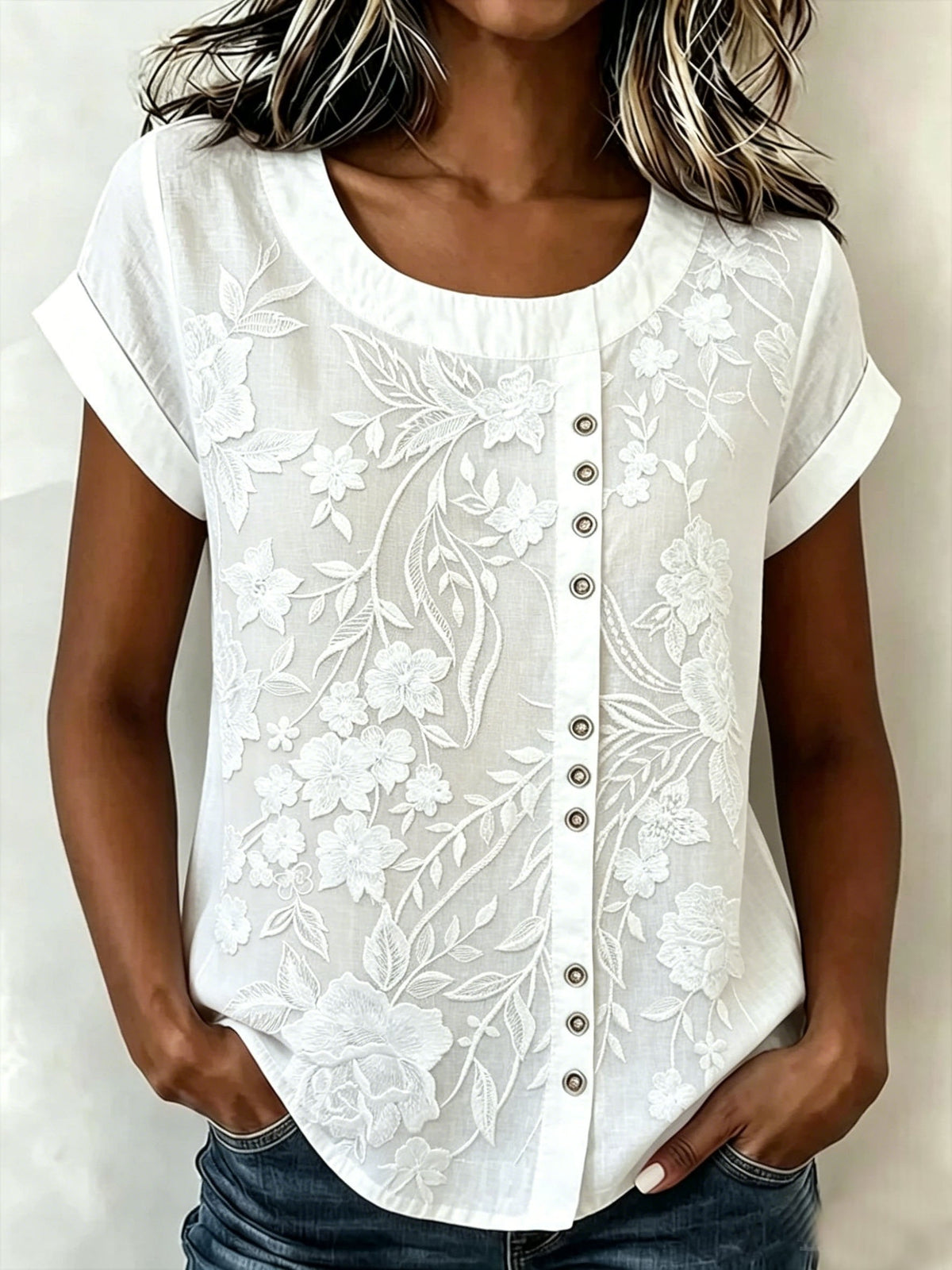 White Floral Embroidery Crew Neck Cuffed Short Sleeve Linen Blend Casual Top For Women