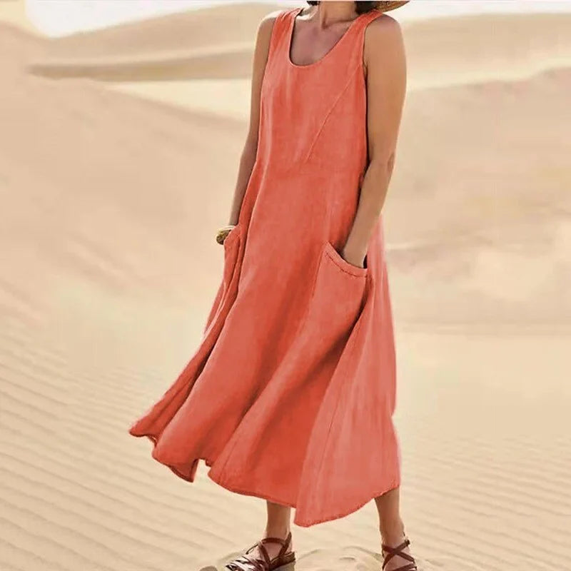 Sleeveless Round Neck Patch Pocket Linen Blend A-Line Maxi Dress For Women