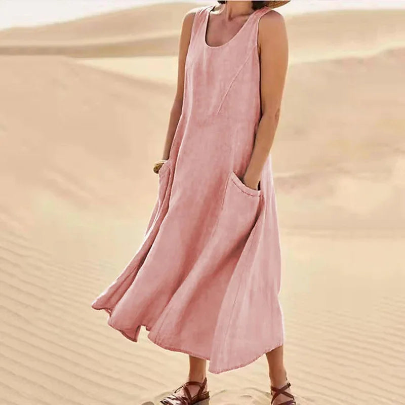Sleeveless Round Neck Patch Pocket Linen Blend A-Line Maxi Dress For Women