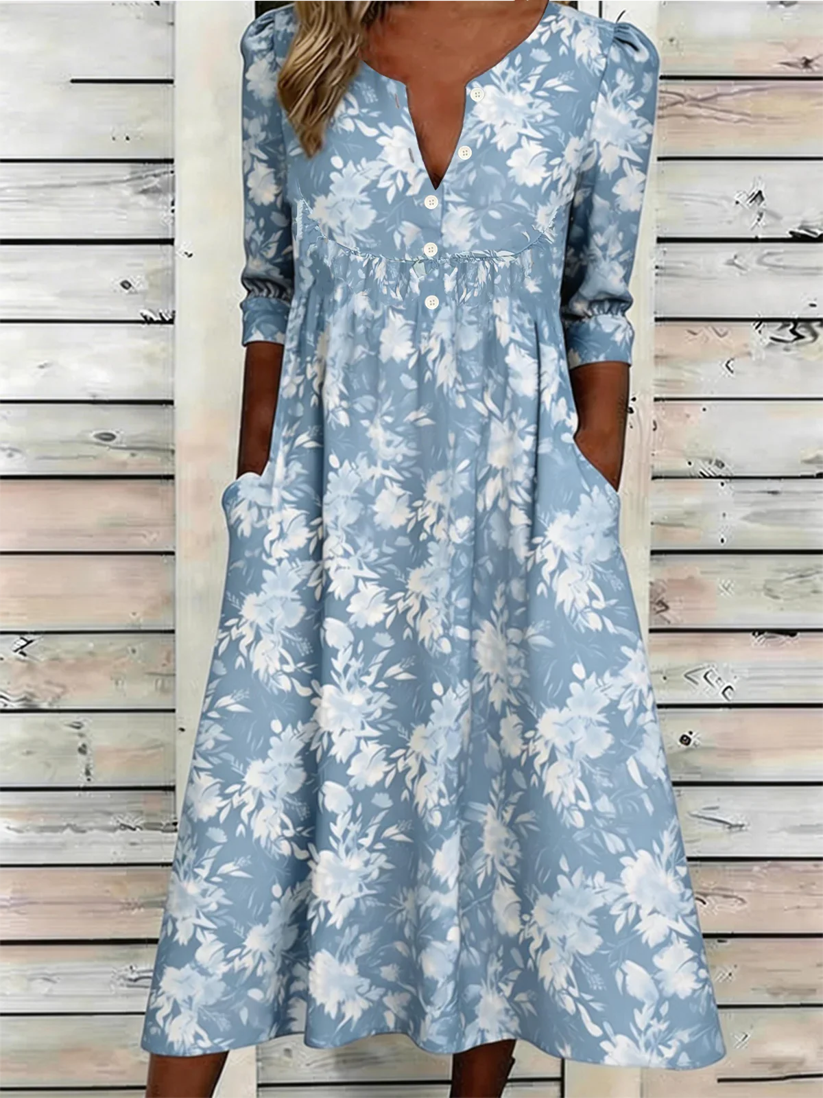 Light Blue White Floral Split V-Neck Puff Half Sleeve Empire Waist Boho Maxi Dress For Women