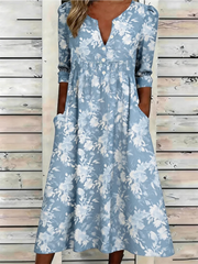 Light Blue White Floral Split V-Neck Puff Half Sleeve Empire Waist Boho Maxi Dress For Women