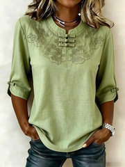 Green Chinese Frog Button Floral Embroidery Stand Collar Three-Quarter Sleeve Linen Blend Blouse For Women