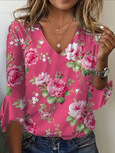 Pink Big Rose Floral Print V-Neck Flared Three-Quarter Sleeve Casual Tee Top For Women