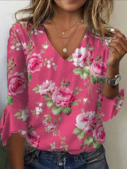 Pink Big Rose Floral Print V-Neck Flared Three-Quarter Sleeve Casual Tee Top For Women