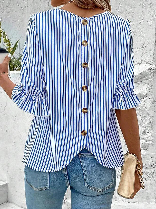 Blue White Vertical Striped Crew Neck Ruffle Half Sleeve Back Button Curved Hem Elegant Work Blouse For Women