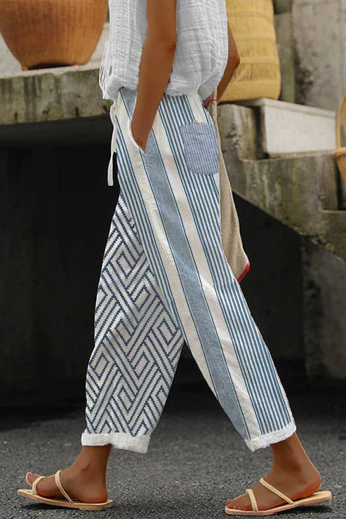 Blue Geometric Stripe Patchwork Drawstring Waist Loose Cropped Linen Pants For Women