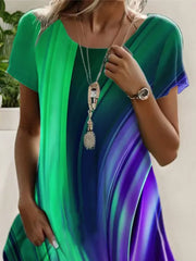 Green Purple Aurora Gradient Print Round Neck Short Sleeve Irregular Slit Hem Casual Midi Dress For Women