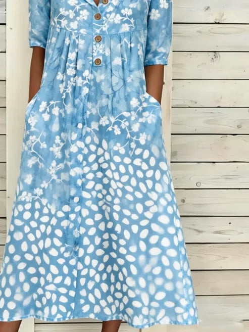 Blue Two-Tone Floral Dot Print Half Open Collar Half Sleeve Button Front Side Pocket Loose Midi Dress For Women
