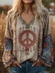 Women's Boho Flower Anti-War Peace Symbol Patterns V Neck Long Sleeve T-Shirt
