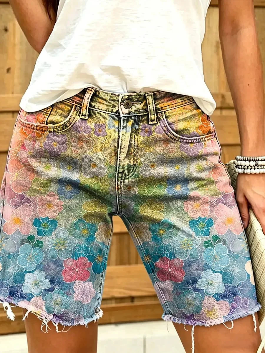 Ethnicity Colorful Flowers Women's Art Print Casual Denim Shorts