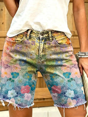 Ethnicity Colorful Flowers Women's Art Print Casual Denim Shorts