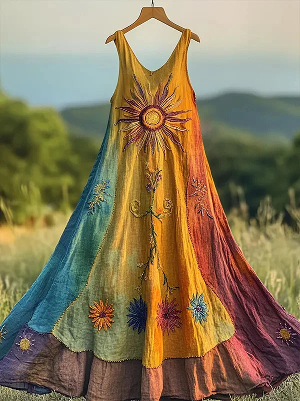 Women's Rainbow Ombre Hippie Art Flowers Print Sleeveless Midi Dress