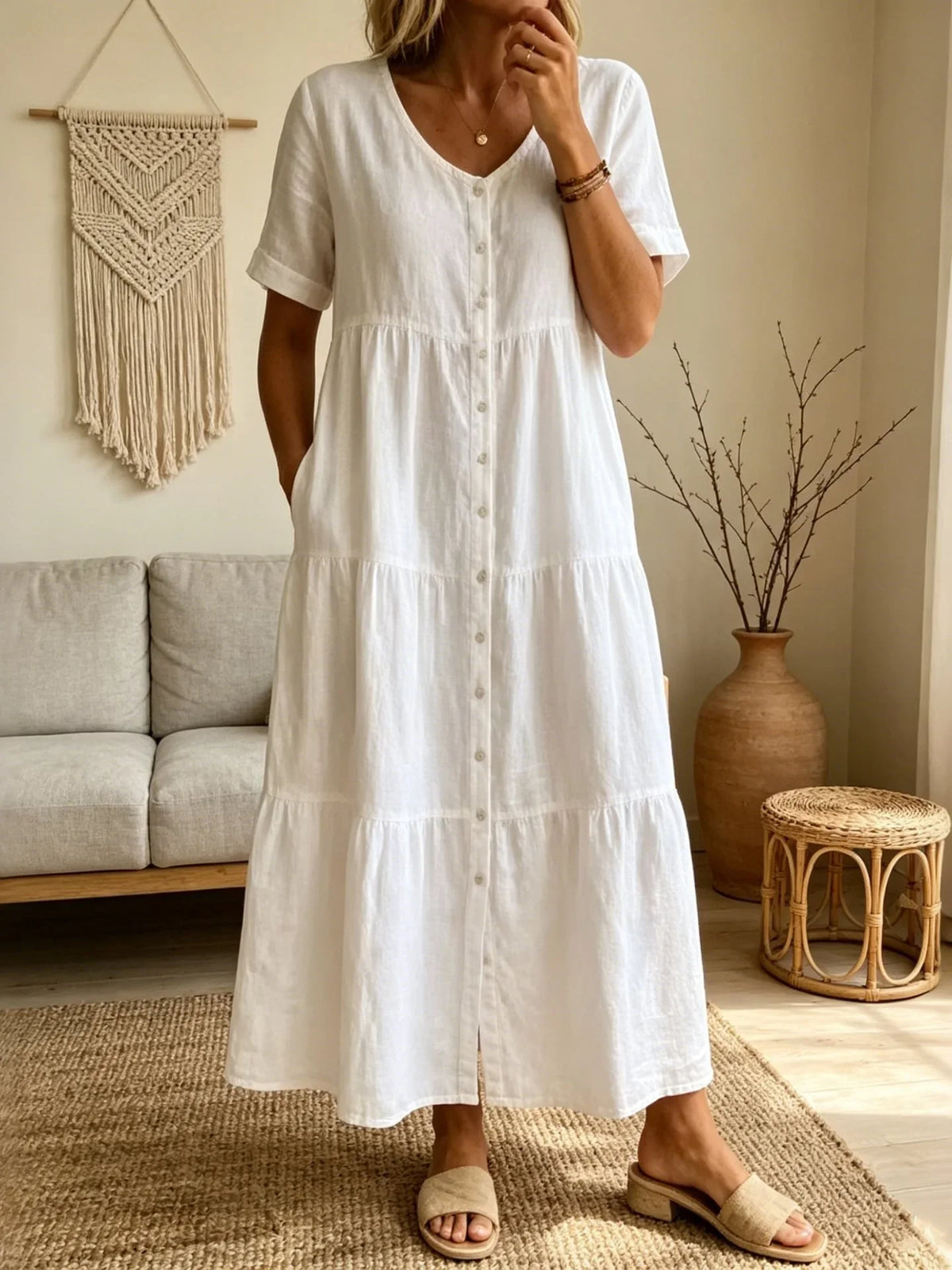Women's Casual Short-Sleeve V-Neck Cotton Linen Cardigan Dress