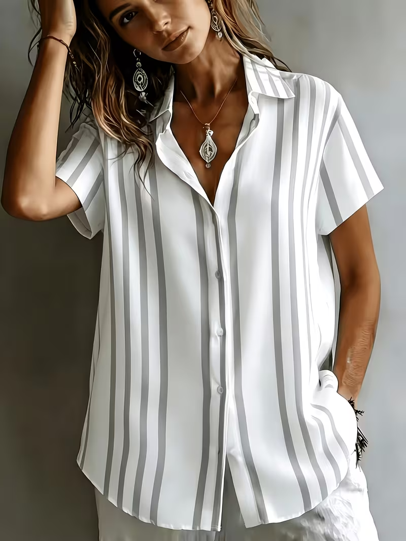 White Grey Vertical Striped Shirt Collar Short Sleeve Micro Elastic Loose Button Down Women Shirt