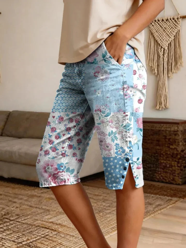 Women's Retro Patchwork Floral Art Print Casual Denim Shorts Share on Facebook
