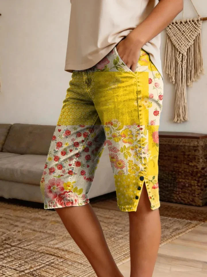 Women's Retro Patchwork Floral Art Print Casual Denim Shorts Share on Facebook