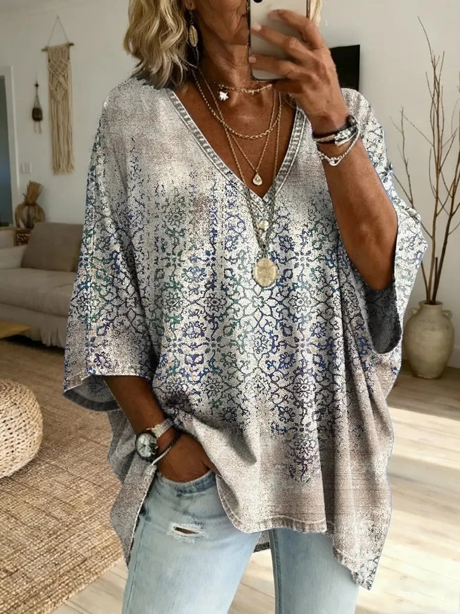 Women's Retro Ethnic Floral Art Print Casual Loose Washed Cotton Denim Top