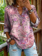 Women's Retro Floral Art Print Casual Long-sleeve V-neck Washed Cotton Denim Top