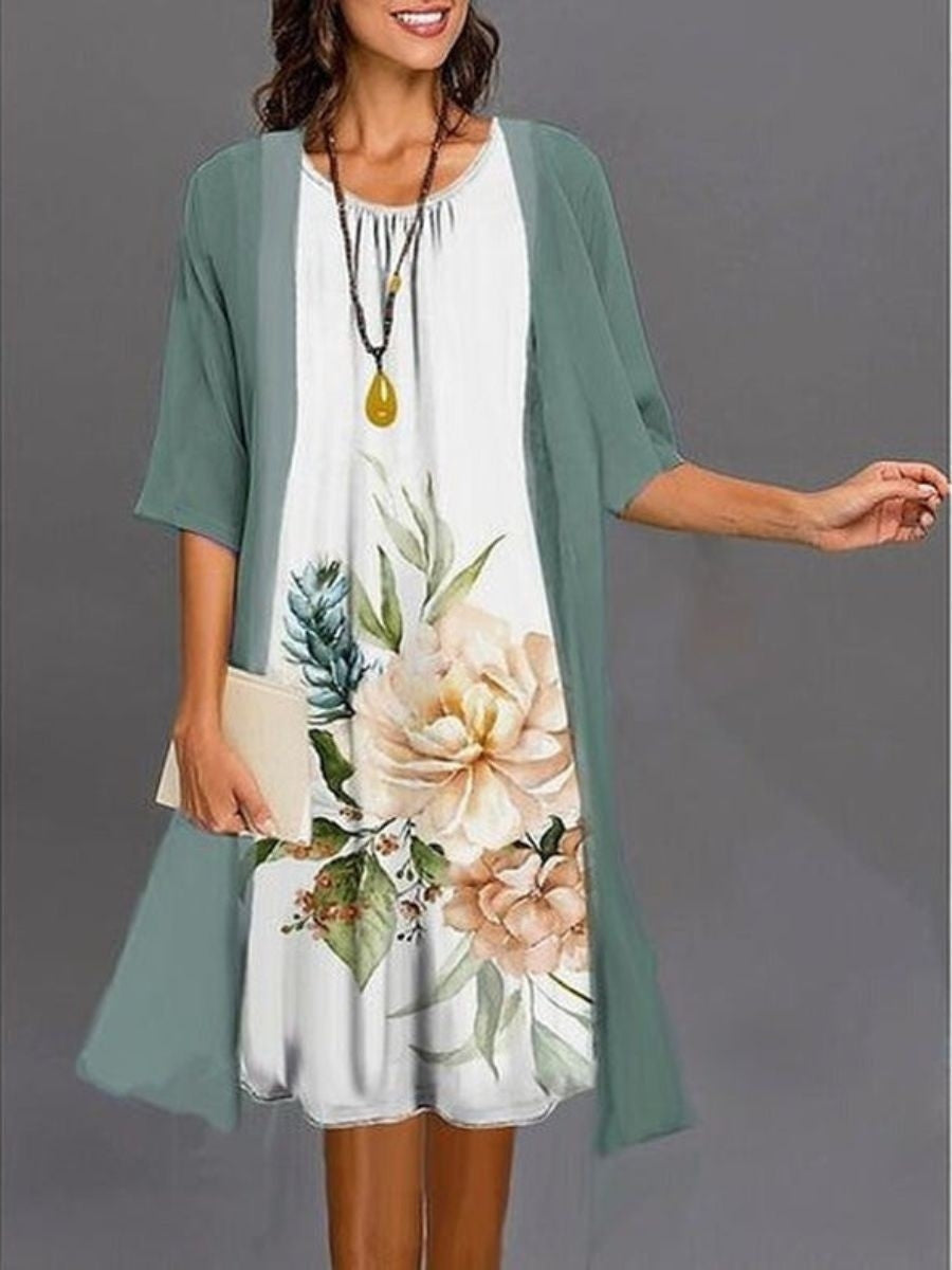 Green Floral Print Round Neck Midi Dress