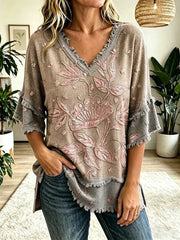 Women's Vintage Folk Floral Art Print V-Neck Tasseled Cotton Top Share on Facebook