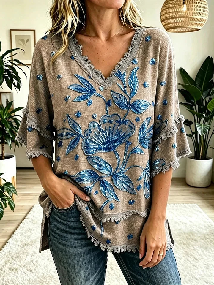 Women's Vintage Folk Floral Art Print V-Neck Tasseled Cotton Top Share on Facebook