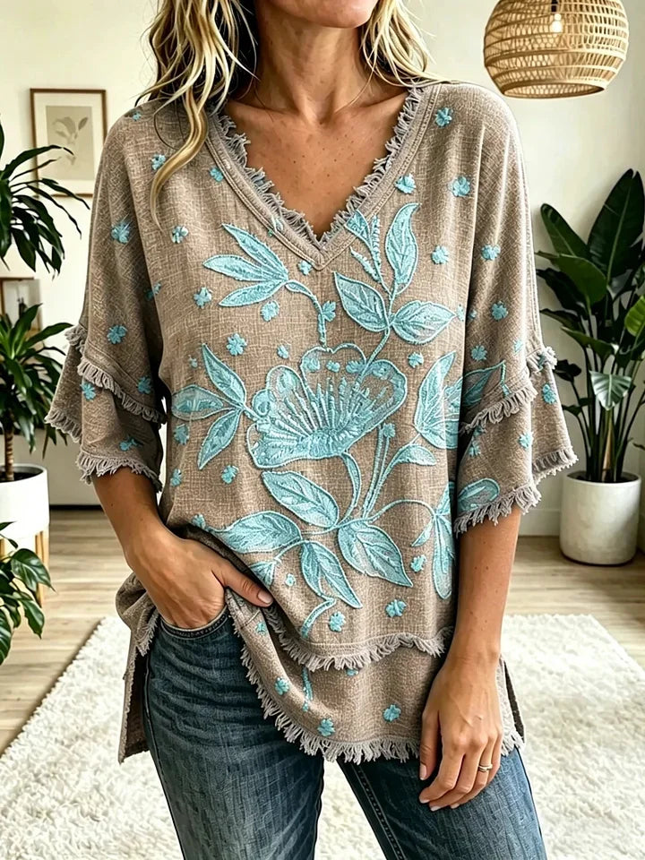 Women's Vintage Folk Floral Art Print V-Neck Tasseled Cotton Top Share on Facebook