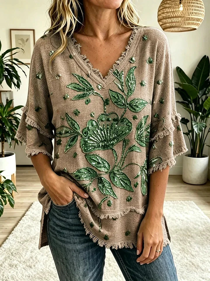 Women's Vintage Folk Floral Art Print V-Neck Tasseled Cotton Top Share on Facebook
