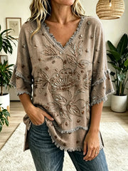 Women's Vintage Folk Floral Art Print V-Neck Tasseled Cotton Top Share on Facebook