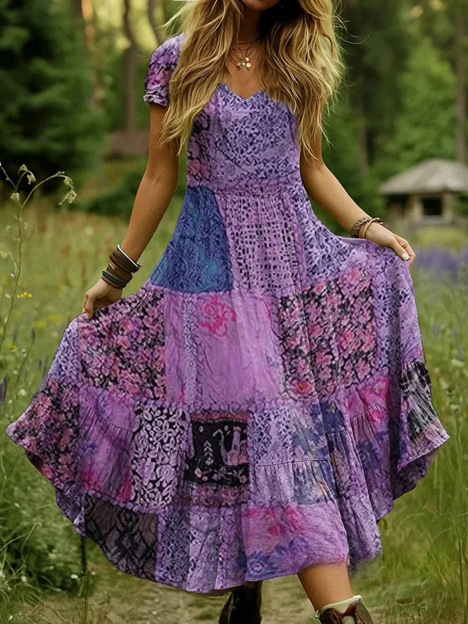 Women's Bohemian Collage Floral Art Pattern Print Flowy Cotton V Neck Pocket Dress Share on Facebook