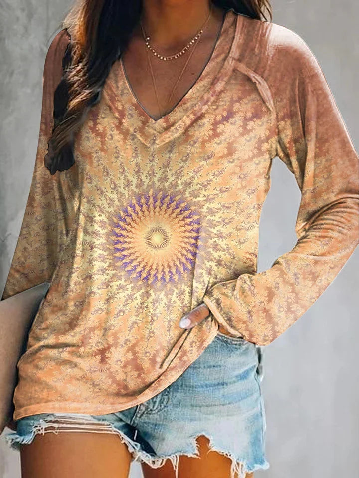 Women's Casual Kaleidoscope Tie Dye Art Print V Neck Long Sleeve Tops