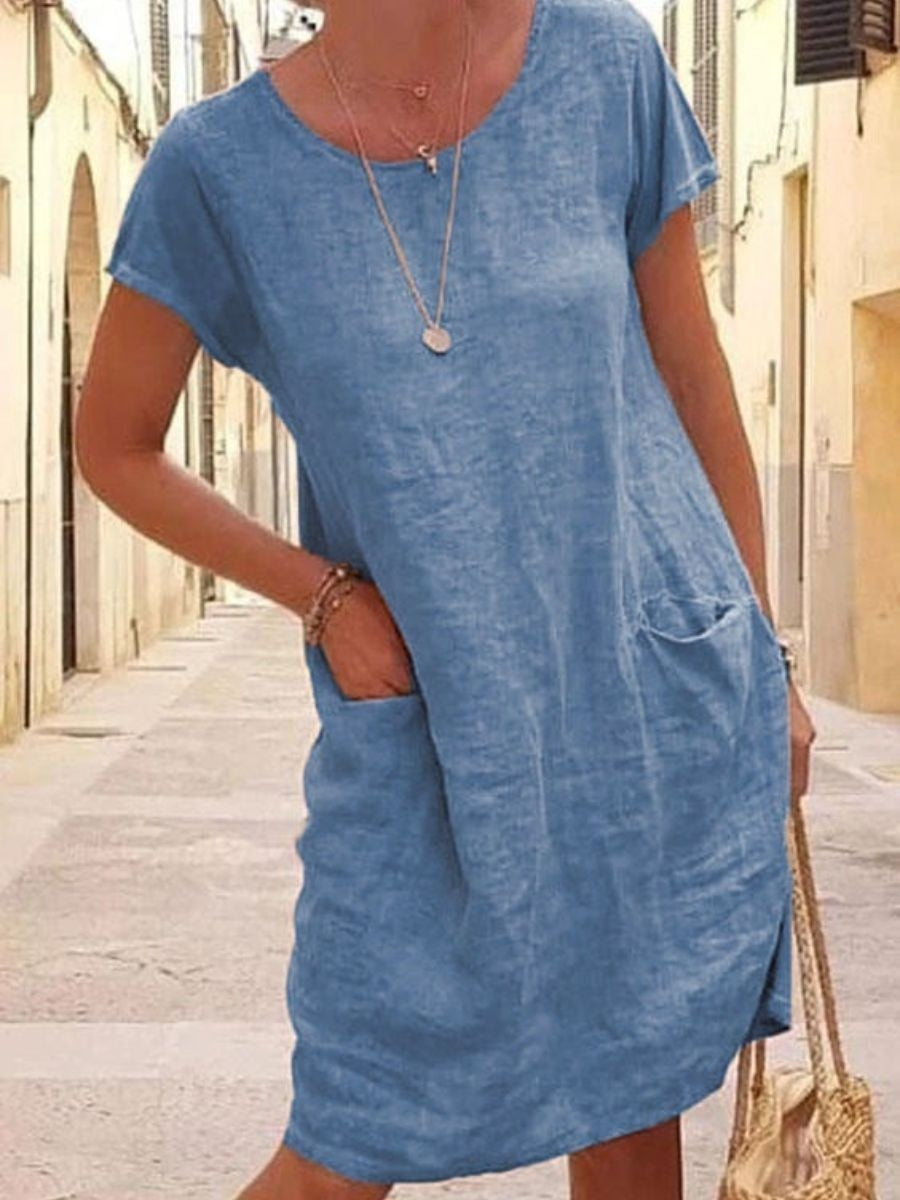 Casual Solid Color Round Neck Pocket Short Sleeves Dress