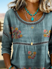 Blue Denim-Look Floral Embroidery Hollow Trim Crew Neck Half Sleeve Micro Stretch Loose Women Blouse